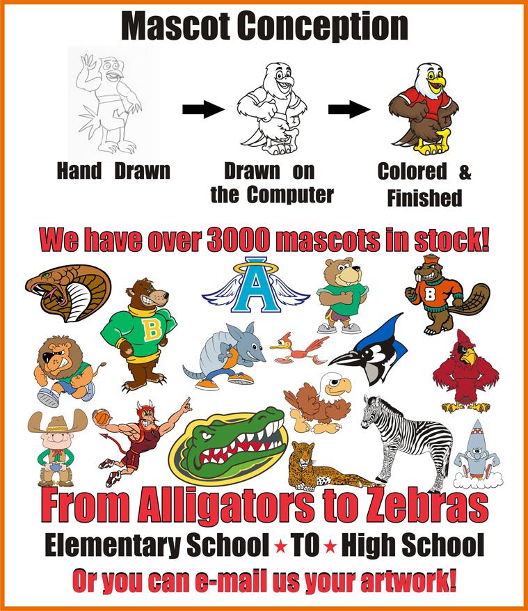 Mascot conception: hand drawn, drawn on the computer, colored and finished. Over 3,000 mascots in stock, from Alligators to Zebras.